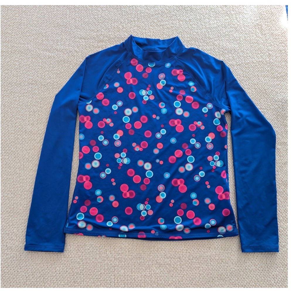 Lands' End Kids XL 14-16 Blue Pink Bubble Dot Long Sleeve Rash Guard Swim Top